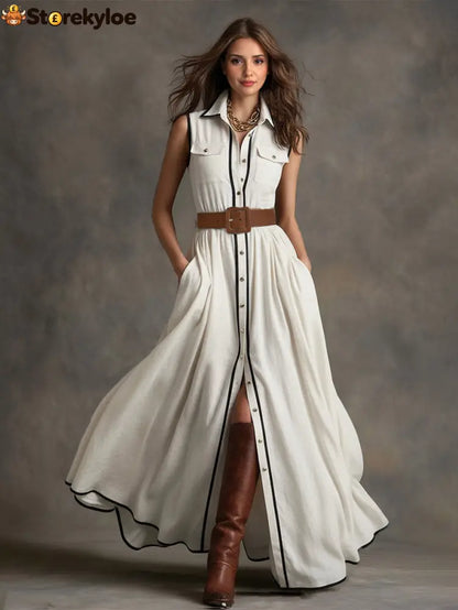 Belted Contrast Piping Maxi Shirt Dress - White / S