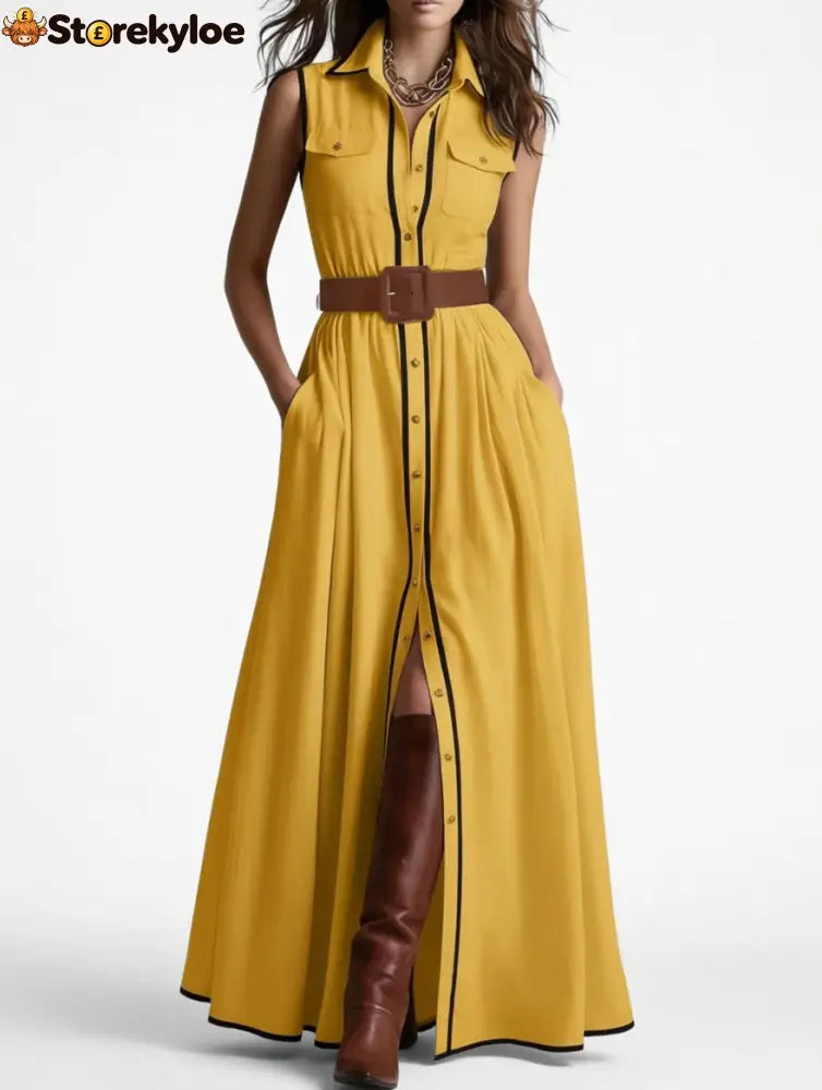 Belted Contrast Piping Maxi Shirt Dress - Yellow / S