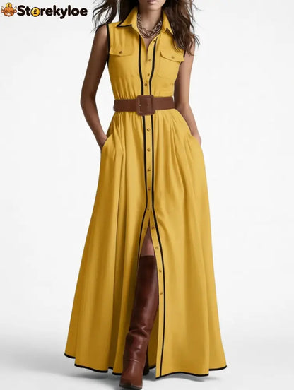Belted Contrast Piping Maxi Shirt Dress - Yellow / S