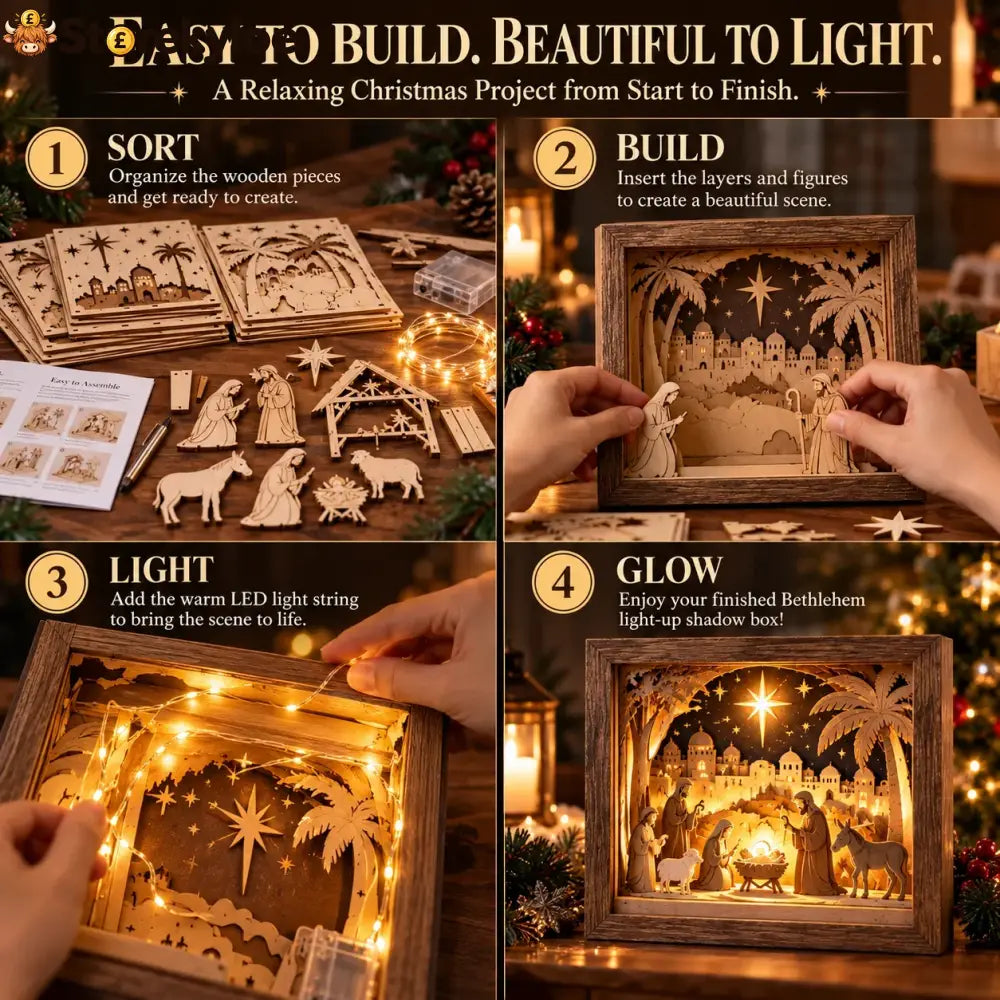 ⭐ Bethlehem Light-up Nativity Shadow Box Diy Kit – Layered Wooden Christmas Craft