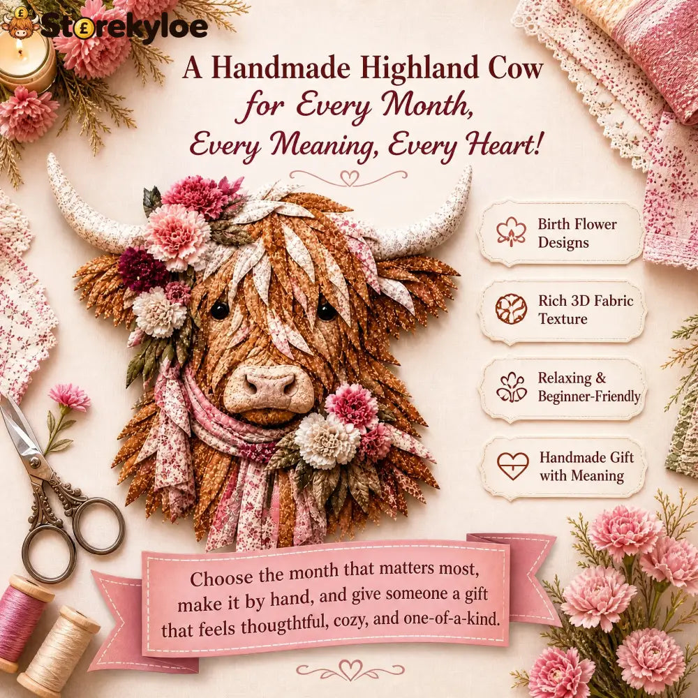 🐮💐🌸 Birth Flower Highland Cow 3d Layered Fabric Art Diy Kit (beginner-friendly)