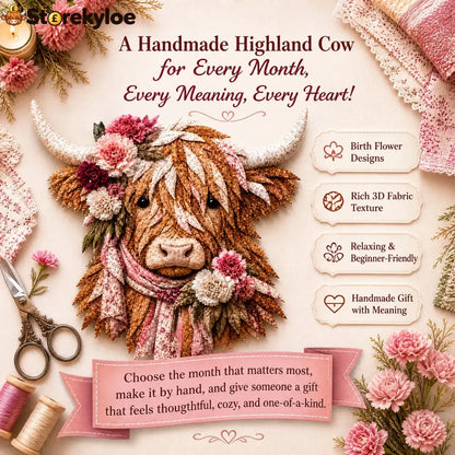 🐮💐🌸 Birth Flower Highland Cow 3d Layered Fabric Art Diy Kit (beginner-friendly)