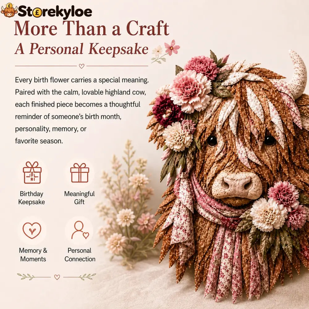 🐮💐🌸 Birth Flower Highland Cow 3d Layered Fabric Art Diy Kit (beginner-friendly)