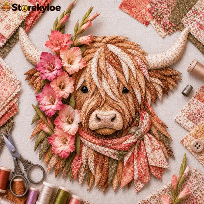 🐮💐🌸 Birth Flower Highland Cow 3d Layered Fabric Art Diy Kit (beginner-friendly) - August / Approximately 16’’ (40cm)
