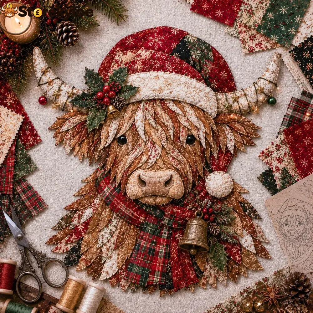 🐮💐🌸 Birth Flower Highland Cow 3d Layered Fabric Art Diy Kit (beginner-friendly) - Christmas / Approximately 16’’ (40cm)