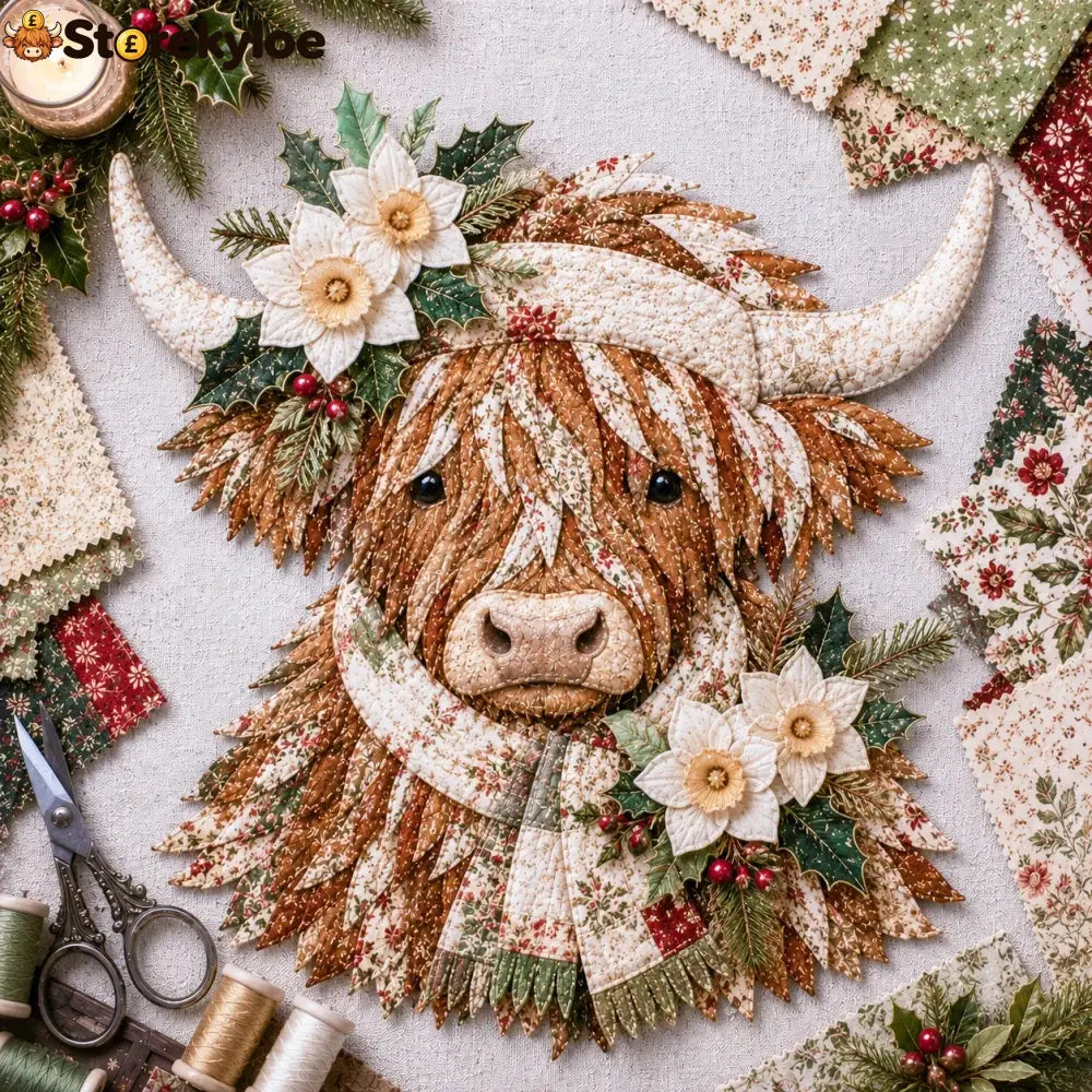 🐮💐🌸 Birth Flower Highland Cow 3d Layered Fabric Art Diy Kit (beginner-friendly) - December / Approximately 16’’ (40cm)