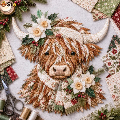 🐮💐🌸 Birth Flower Highland Cow 3d Layered Fabric Art Diy Kit (beginner-friendly) - December / Approximately 16’’ (40cm)