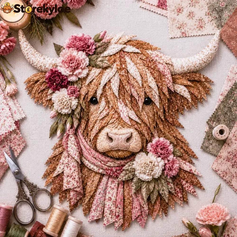🐮💐🌸 Birth Flower Highland Cow 3d Layered Fabric Art Diy Kit (beginner-friendly) - January / Approximately 16’’ (40cm)