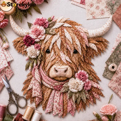 🐮💐🌸 Birth Flower Highland Cow 3d Layered Fabric Art Diy Kit (beginner-friendly) - January / Approximately 16’’ (40cm)