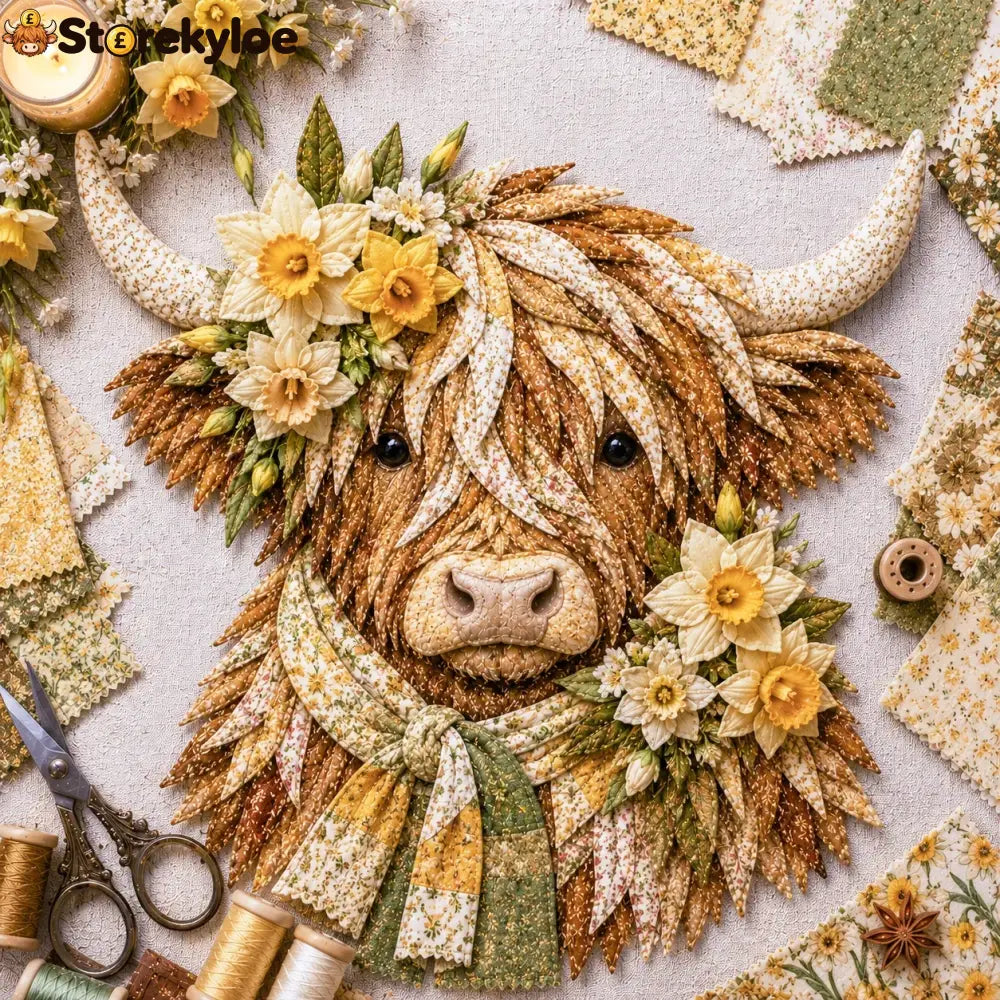🐮💐🌸 Birth Flower Highland Cow 3d Layered Fabric Art Diy Kit (beginner-friendly) - March / Approximately 16’’ (40cm)
