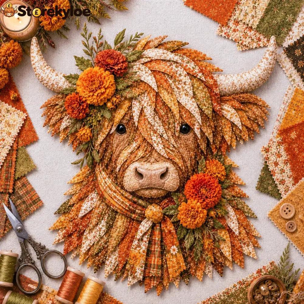 🐮💐🌸 Birth Flower Highland Cow 3d Layered Fabric Art Diy Kit (beginner-friendly) - October / Approximately 16’’ (40cm)