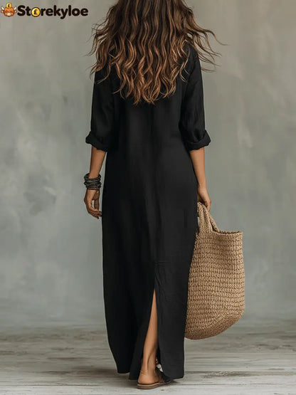 Black Button-Front Bohemian Shirt Maxi Dress