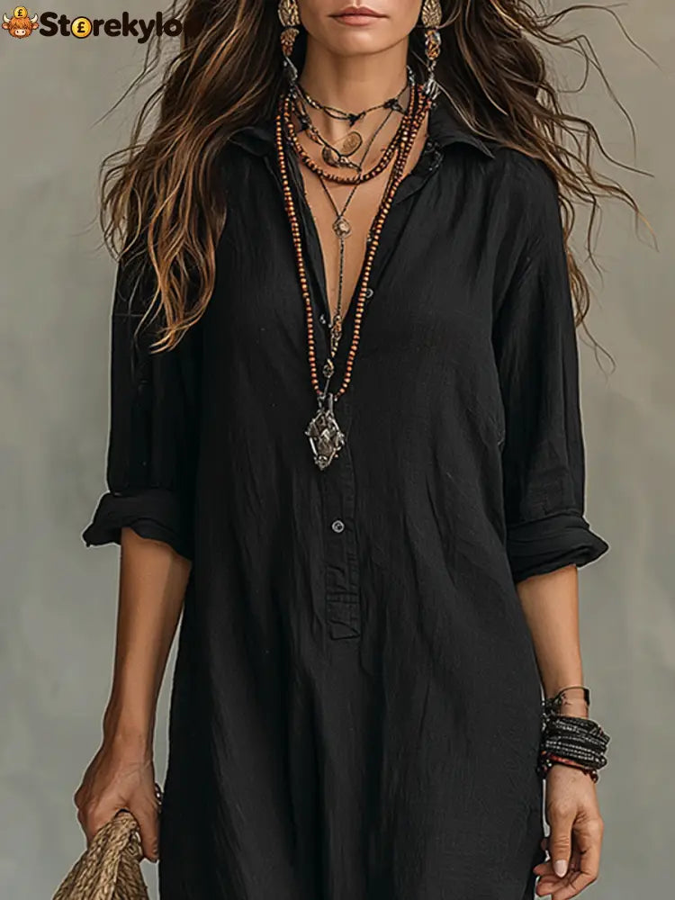 Black Button-Front Bohemian Shirt Maxi Dress