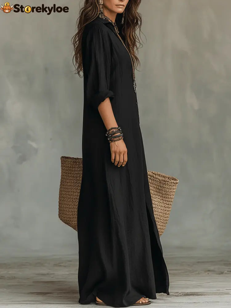 Black Button-Front Bohemian Shirt Maxi Dress