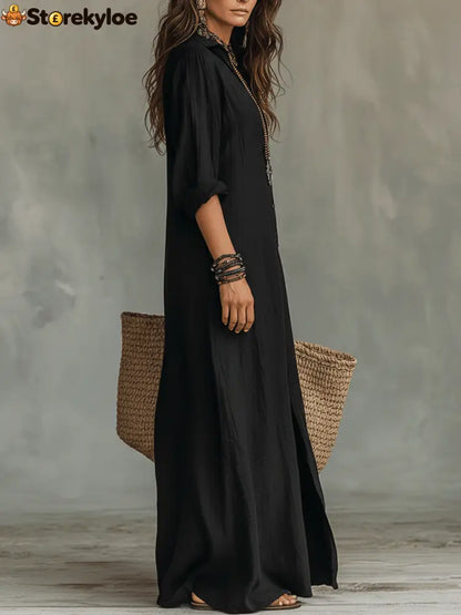 Black Button-Front Bohemian Shirt Maxi Dress