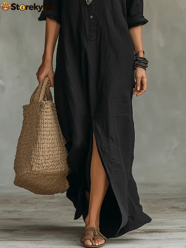 Black Button-Front Bohemian Shirt Maxi Dress