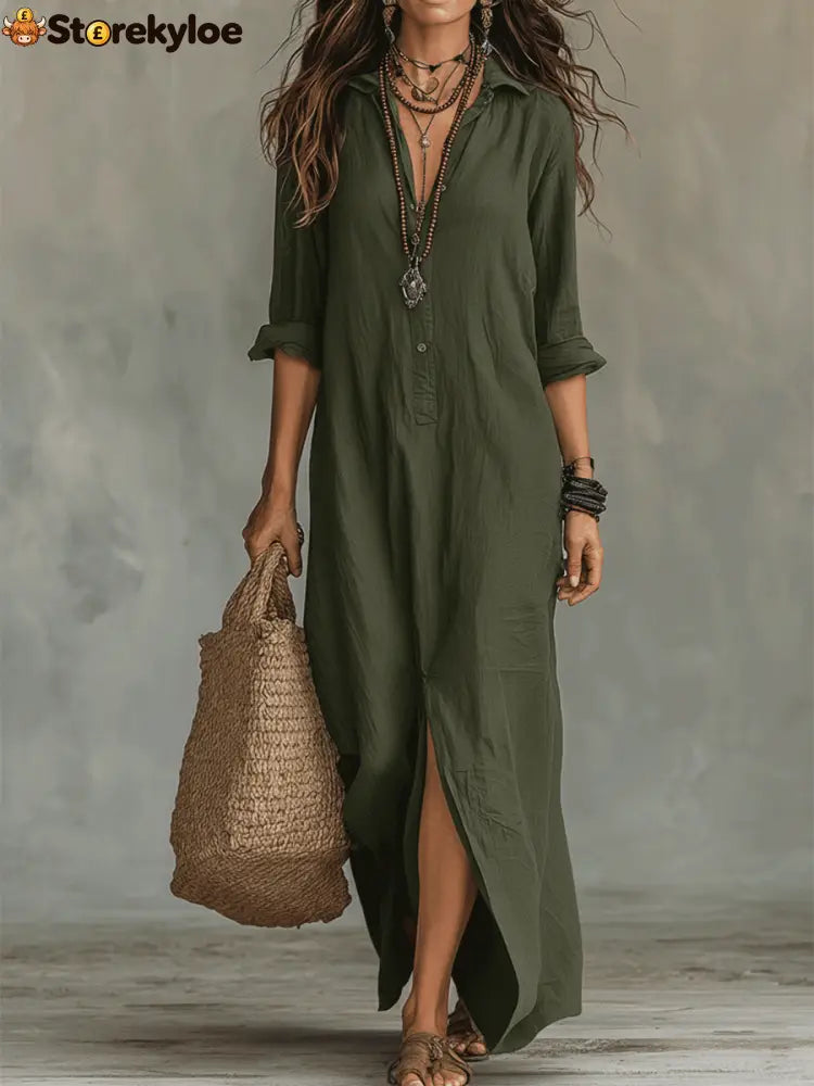 Black Button-Front Bohemian Shirt Maxi Dress - Green / S