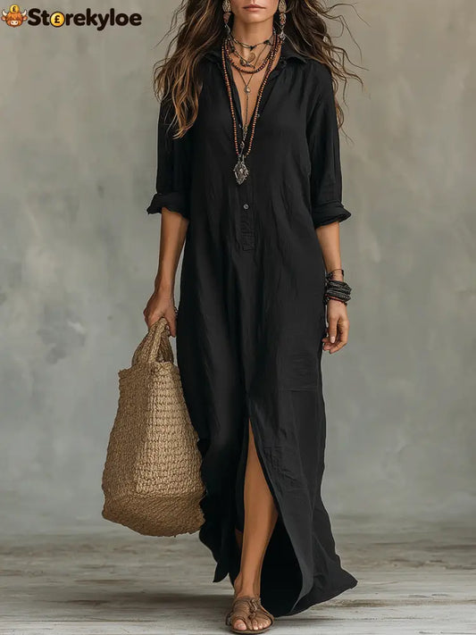 Black Button-Front Bohemian Shirt Maxi Dress - Black / S