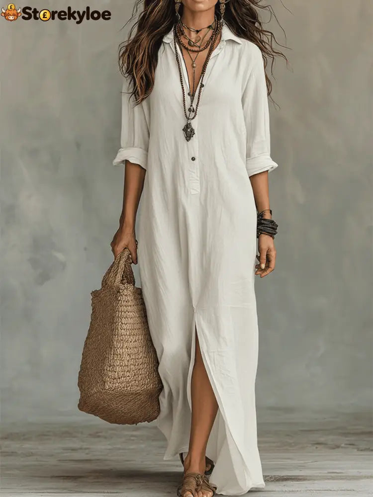 Black Button-Front Bohemian Shirt Maxi Dress - White / S