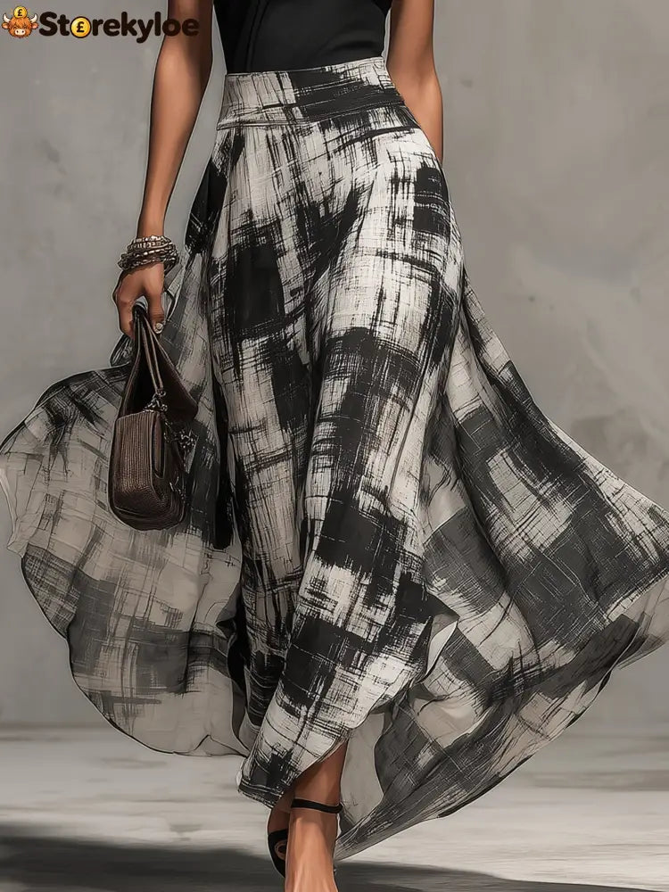 Black Chiffon Abstract Plaid Print Skirt And T-Shirt Set