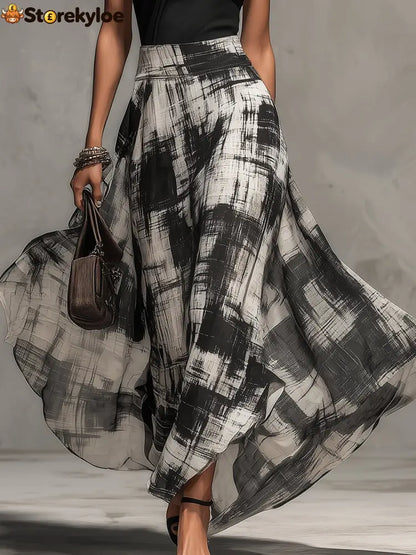 Black Chiffon Abstract Plaid Print Skirt And T-Shirt Set