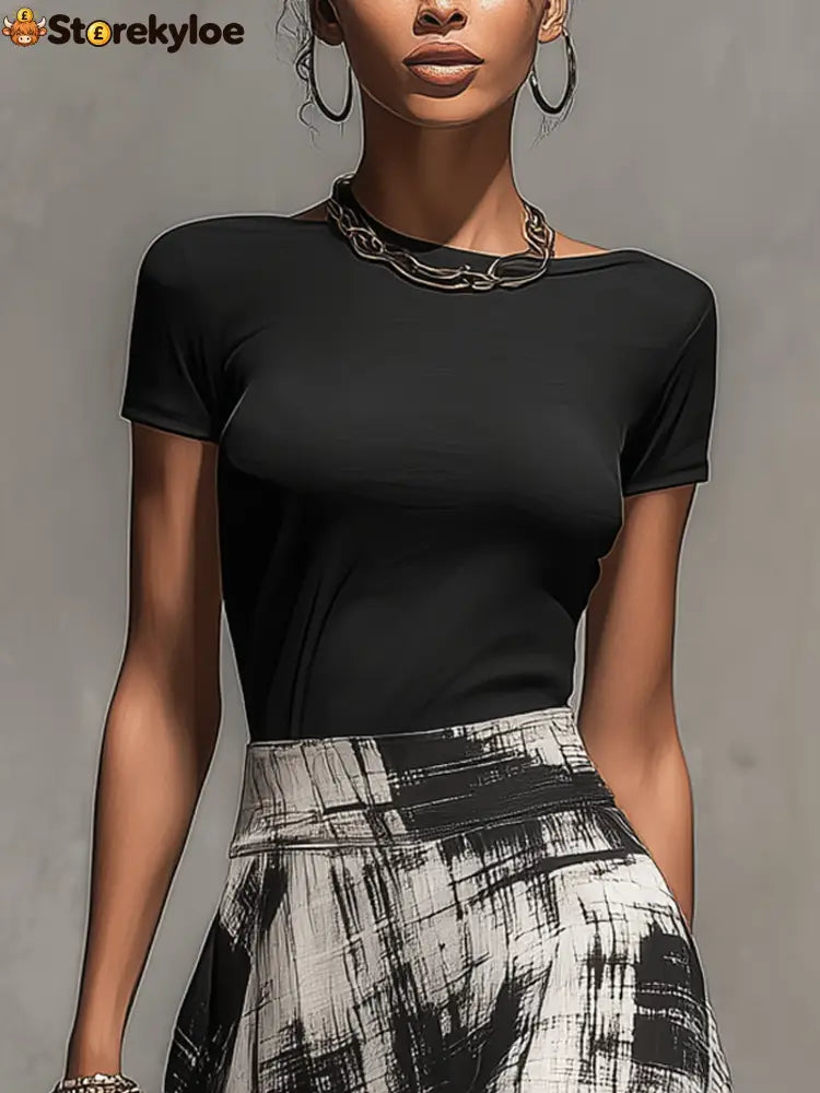 Black Chiffon Abstract Plaid Print Skirt And T-Shirt Set