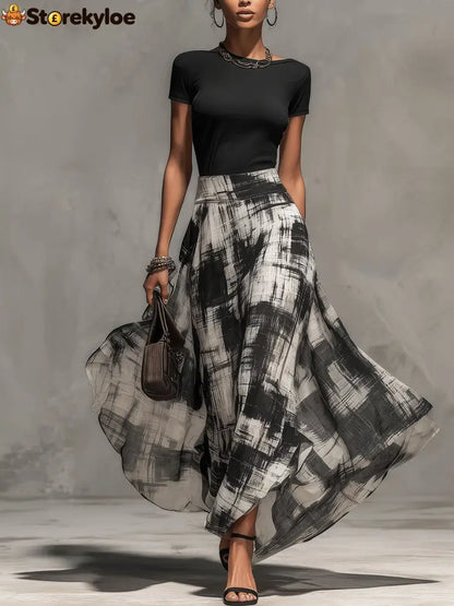 Black Chiffon Abstract Plaid Print Skirt And T-Shirt Set - Black / XS(2)
