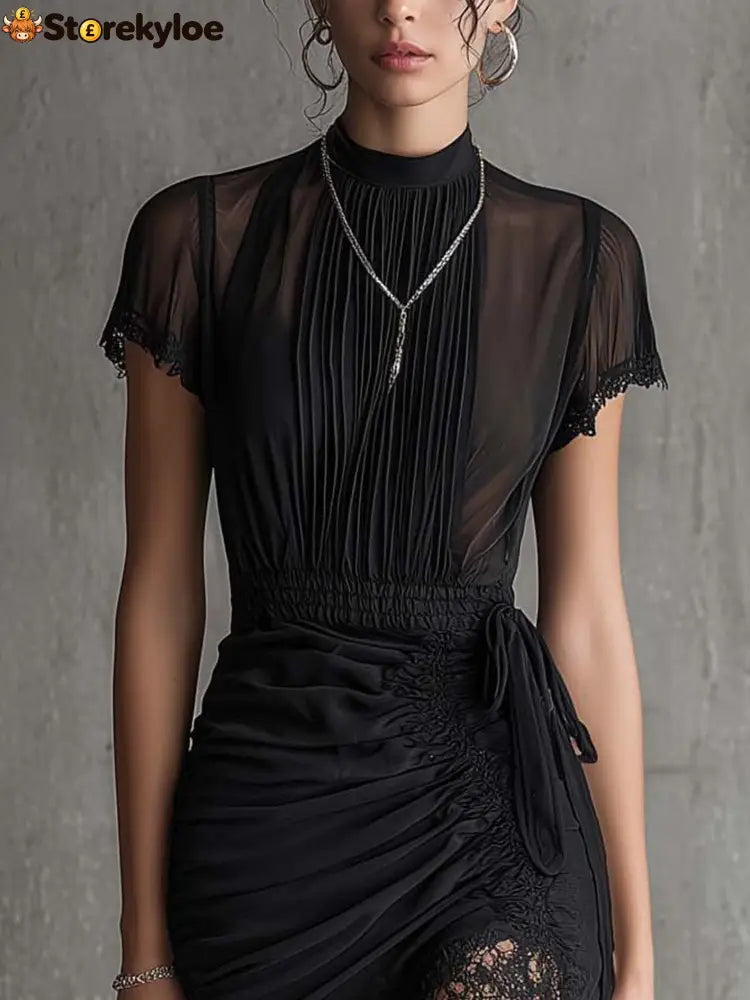 Black Chiffon Pleated Waist Lace-trimmed Mini Dress