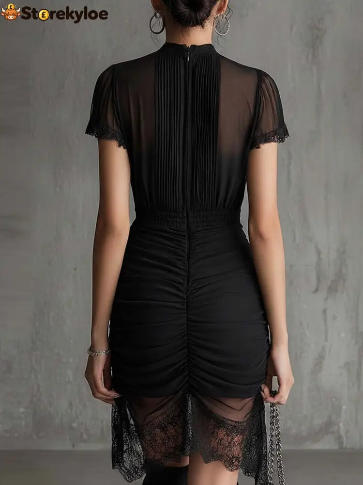 Black Chiffon Pleated Waist Lace-trimmed Mini Dress