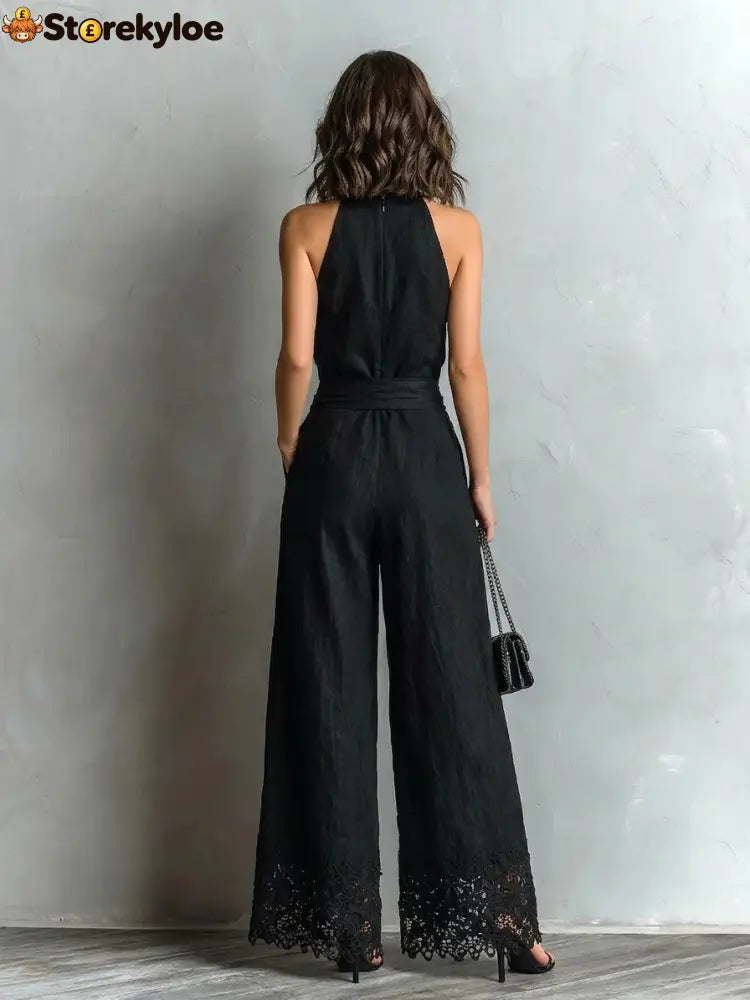 Black Faux Cotton-linen Halter Neck Vest With Tie-up Lace-trimmed Wide-leg Pants Set