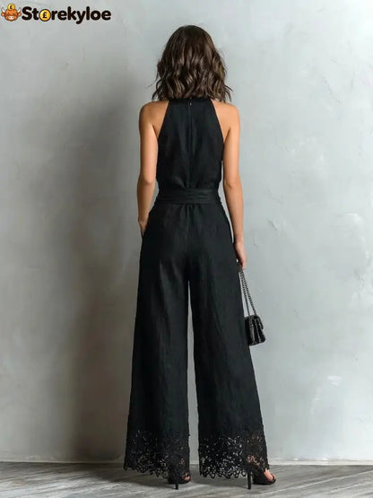 Black Faux Cotton-linen Halter Neck Vest With Tie-up Lace-trimmed Wide-leg Pants Set