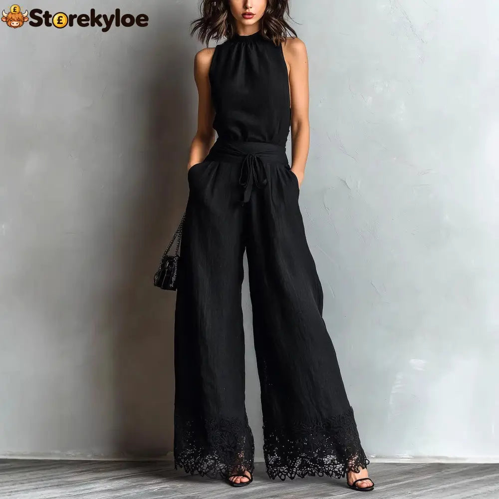 Black Faux Cotton-linen Halter Neck Vest With Tie-up Lace-trimmed Wide-leg Pants Set - Black / S