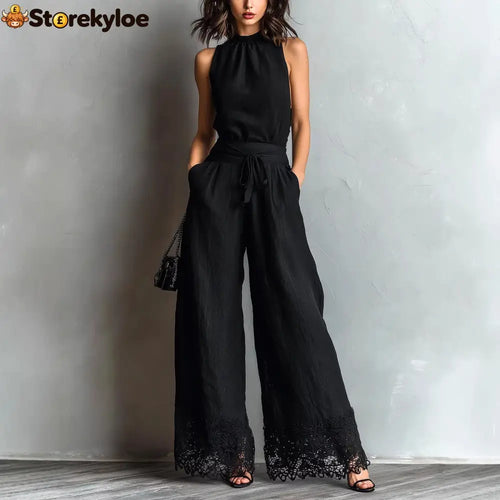 Black Faux Cotton-linen Halter Neck Vest With Tie-up Lace-trimmed Wide-leg Pants Set - Black / S