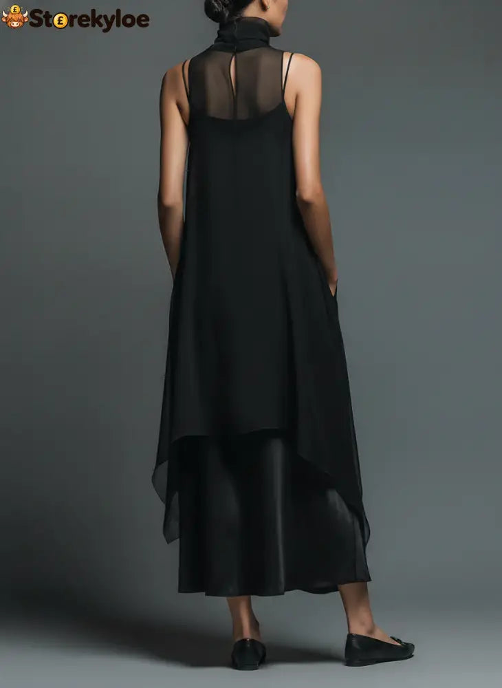 Black Minimalist Faux Acetate Fiber Slip Dress Paired With A Chiffon Cover-up Long Dress Two-piece Set