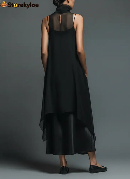 Black Minimalist Faux Acetate Fiber Slip Dress Paired With A Chiffon Cover-up Long Dress Two-piece Set