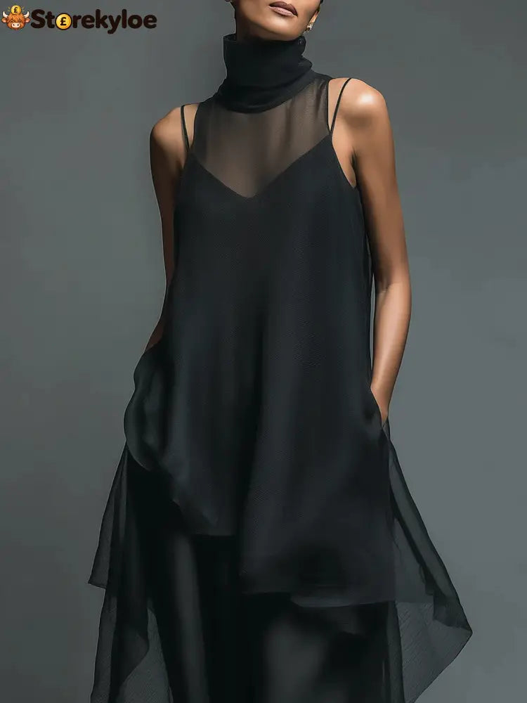 Black Minimalist Faux Acetate Fiber Slip Dress Paired With A Chiffon Cover-up Long Dress Two-piece Set