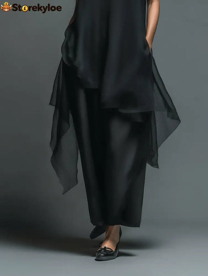 Black Minimalist Faux Acetate Fiber Slip Dress Paired With A Chiffon Cover-up Long Dress Two-piece Set