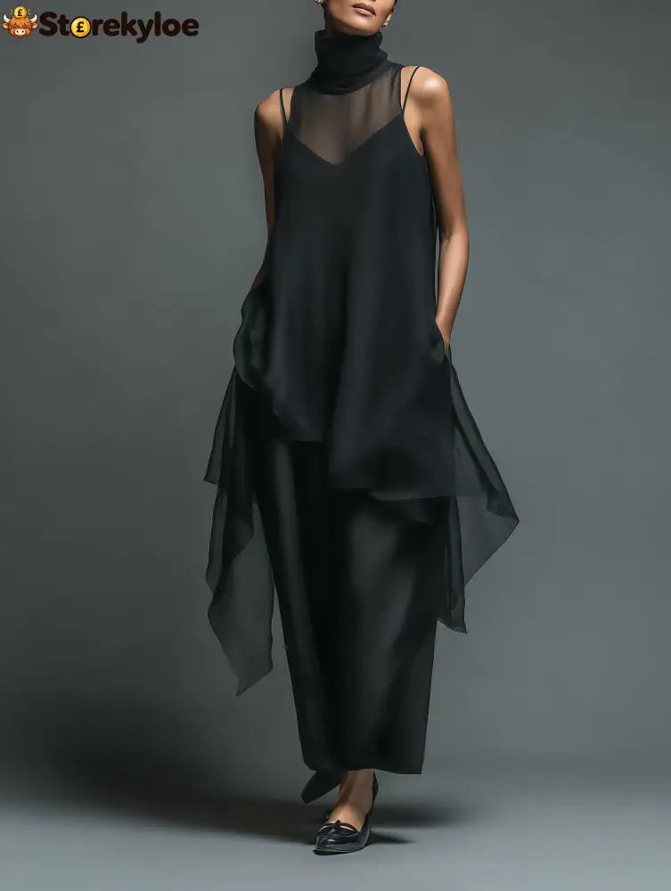 Black Minimalist Faux Acetate Fiber Slip Dress Paired With A Chiffon Cover-up Long Dress Two-piece Set - Black / XS(2)
