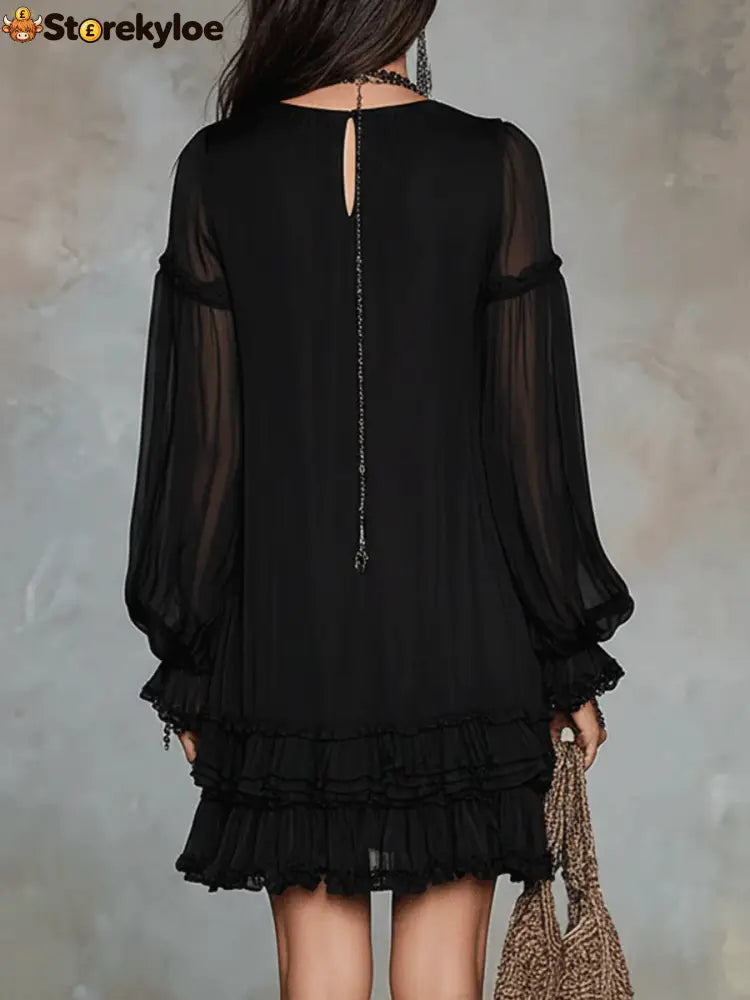 Black V-neck Lantern Sleeve Ruffled Chiffon Mini Dress