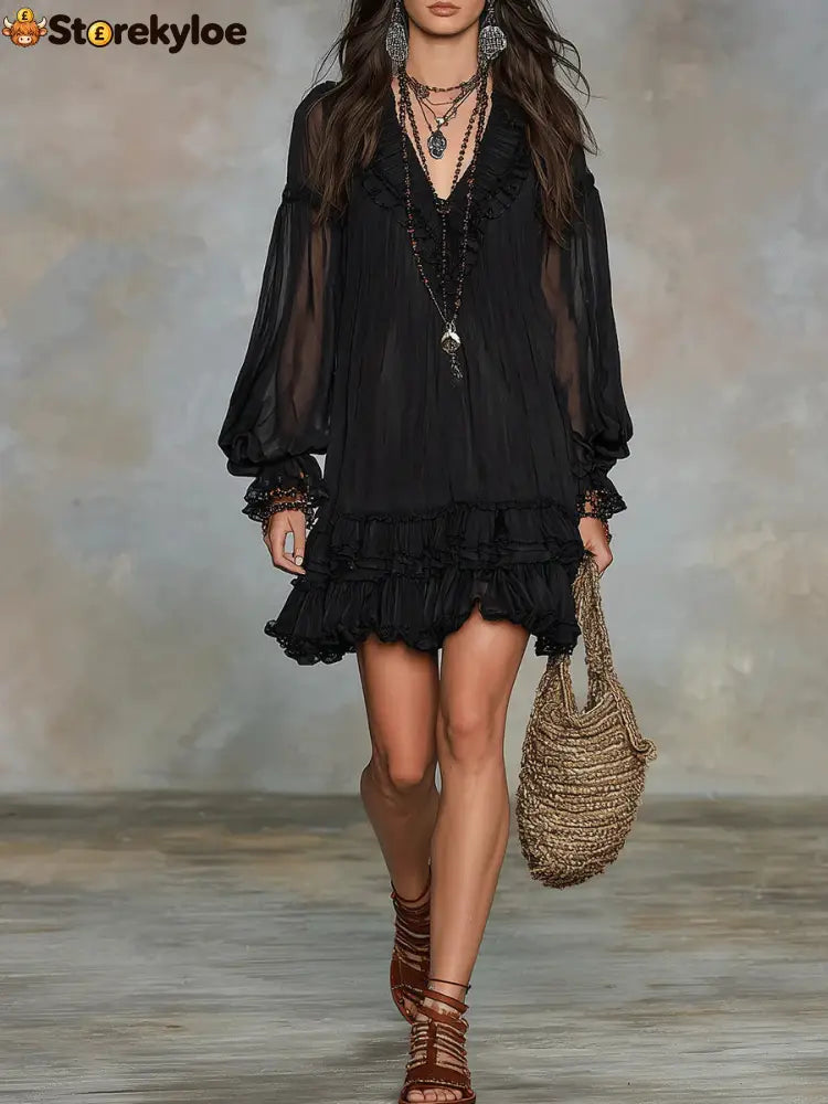 Black V-neck Lantern Sleeve Ruffled Chiffon Mini Dress