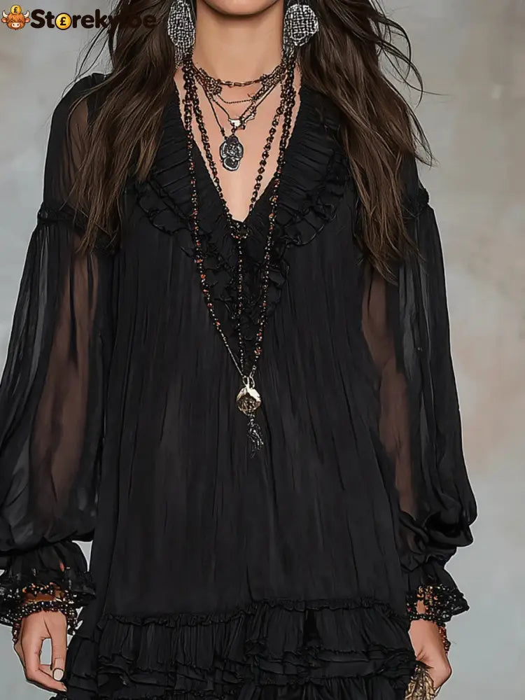 Black V-neck Lantern Sleeve Ruffled Chiffon Mini Dress