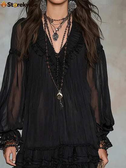 Black V-neck Lantern Sleeve Ruffled Chiffon Mini Dress
