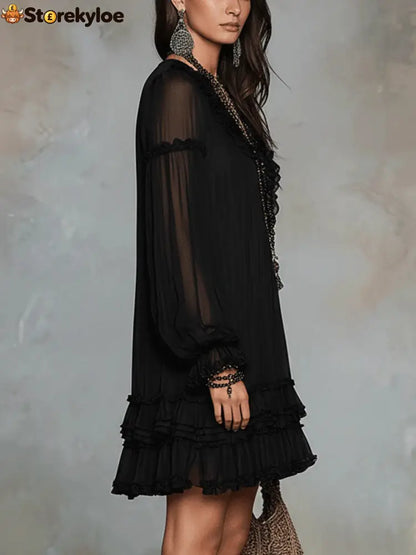 Black V-neck Lantern Sleeve Ruffled Chiffon Mini Dress