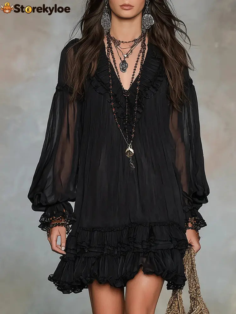 Black V-neck Lantern Sleeve Ruffled Chiffon Mini Dress - Black / XS(2)