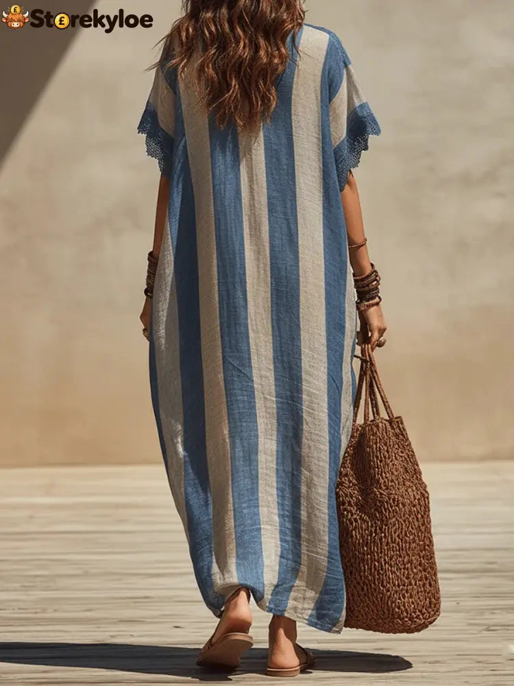 Blue Bohemian Striped V-neck Lace-trimmed Maxi Dress