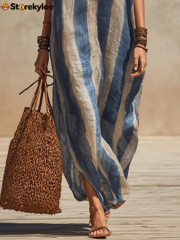 Blue Bohemian Striped V-neck Lace-trimmed Maxi Dress