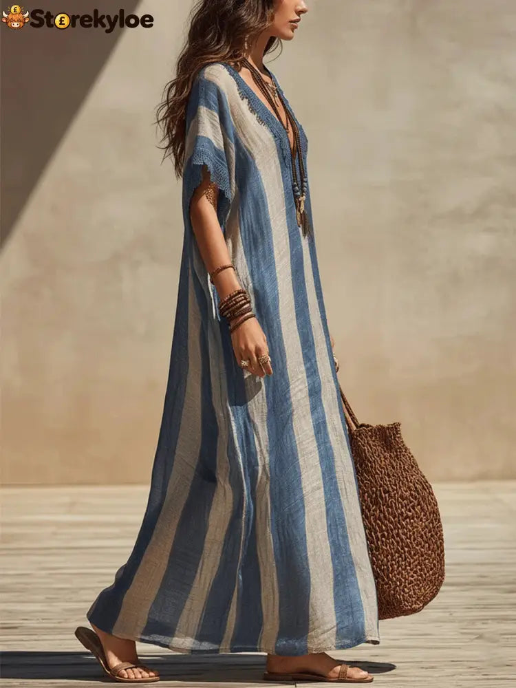 Blue Bohemian Striped V-neck Lace-trimmed Maxi Dress