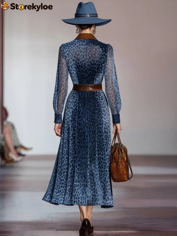 Blue Long Sleeve Leopard Midi Dress