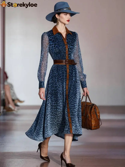 Blue Long Sleeve Leopard Midi Dress