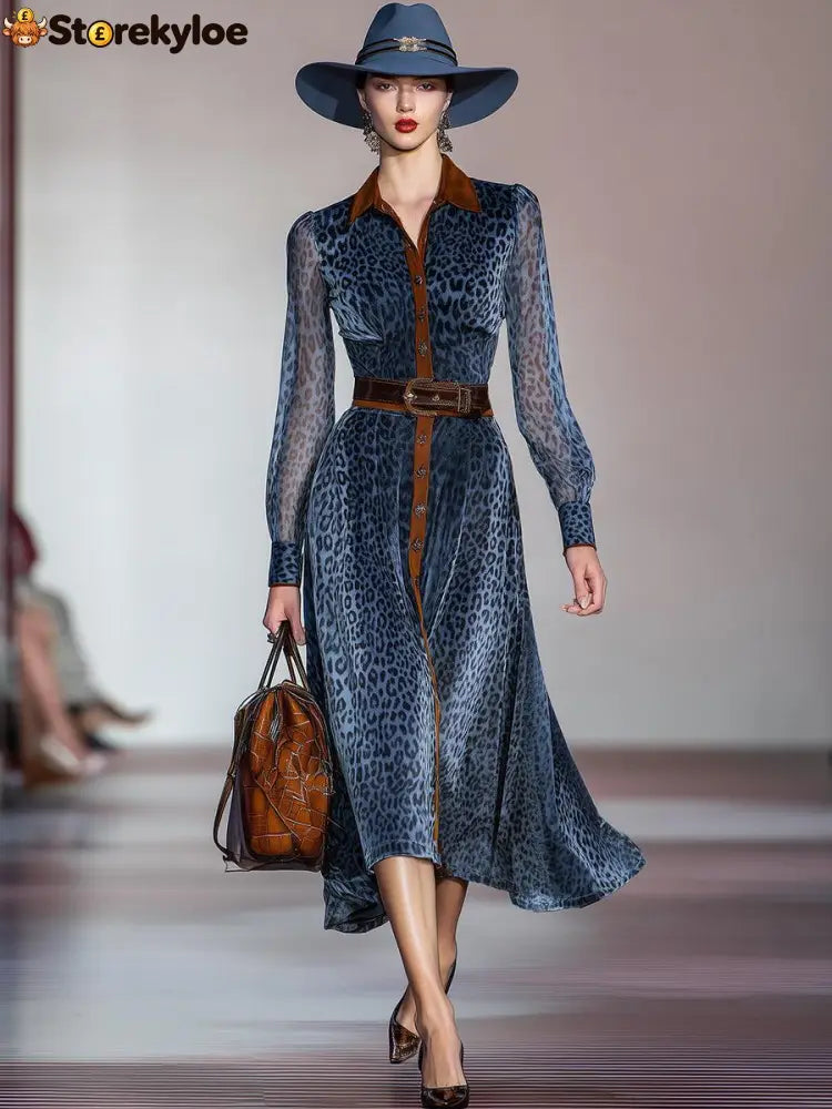Blue Long Sleeve Leopard Midi Dress